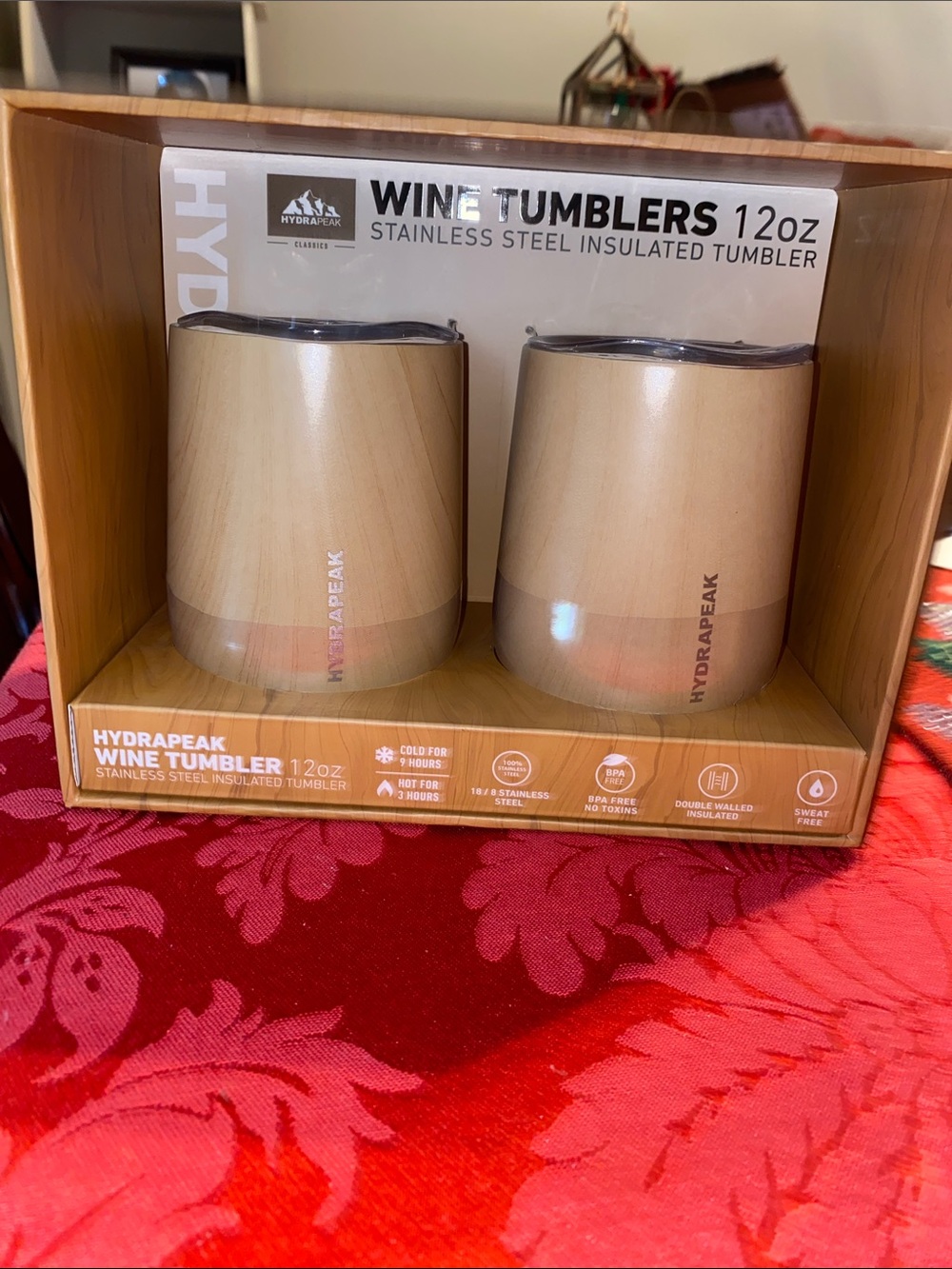 Hydrapeak 12oz Wood-Style Stainless Steel Wine Tumblers - Beige Set of 2